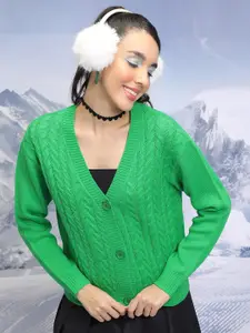 Tokyo Talkies Green Cable Knit V-Neck Long Sleeves Acrylic Cardigan Sweater