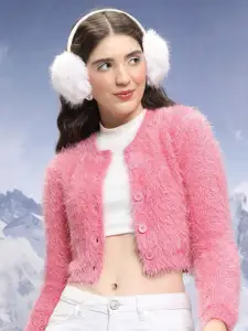 Tokyo Talkies Pink Acrylic Cropped Cardigan Sweater