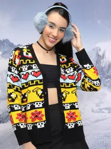 Tokyo Talkies Black Graphic Printed V-Neck Long Sleeves Acrylic Cardigan Sweater