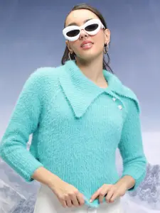 Tokyo Talkies Blue Above Keyboard Collar Acrylic Crop Pullover Sweater