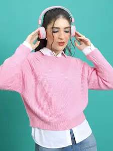 Tokyo Talkies Pink Ribbed Raglan Sleeves Acrylic Cropped Pullover Sweater