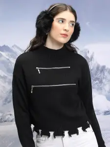 Tokyo Talkies Black Ribbed Turtle Neck Acrylic Pullover Fringed Crop Sweater With Zipper