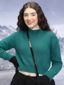 Tokyo Talkies Teal Green Turtle Neck Acrylic Crop Pullover Sweater