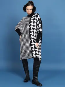 Tokyo Talkies Houndstooth Printed Turtle Neck Longline Acrylic Pullover Sweater