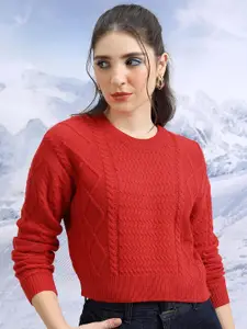 Tokyo Talkies Red Cable Knit Round Neck Long Sleeves Acrylic Crop Pullover Sweater