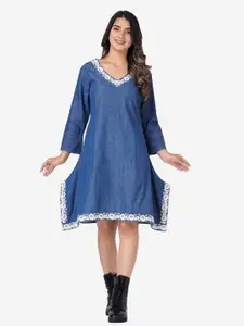 SUMAVI-FASHION Floral Embroidered Organic Cotton Denim A-Line Dress