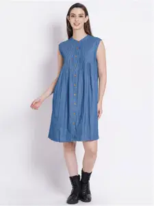 SUMAVI-FASHION Band Collar Sleeveless Organic Cotton Denim A-Line Dress
