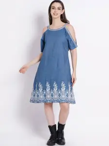 SUMAVI-FASHION Embroidered Cold-Shoulder Organic Cotton A-Line Dress