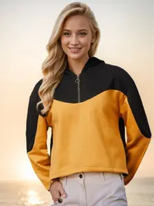 Marie Claire Black Colourblocked Hooded Neck Long Sleeve Fleece Pullover Sweatshirt