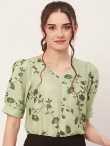 Moomaya Floral Printed V- Neck Puff Sleeves Top