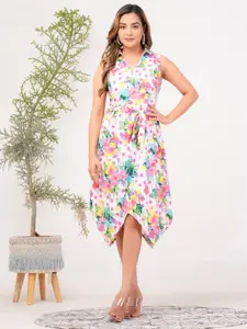 Riara Floral Printed Asymmetric A-Line Midi Dress