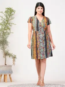 Riara Abstract Printed V-Neck Crepe A-Line Dress