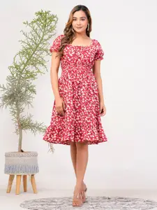 Riara Floral Printed Square Neck Puff Sleeves Smocked Fit & Flare Dress