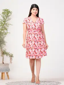 Riara Floral Printed Puff Sleeve Crepe Wrap Dress