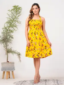 Riara Floral Printed Halter Neck Smocked Crepe Fit & Flare Dress