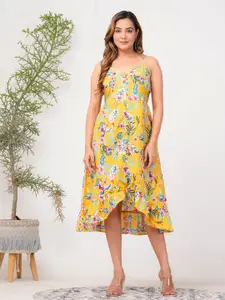 Riara Floral Printed Shoulder Straps Sleeveless High Low A-Line Midi Dress