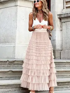 StyleCast Pink Tiered Flared Maxi Skirt