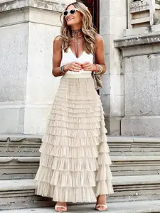 StyleCast Beige Tiered Layered Maxi Skirts