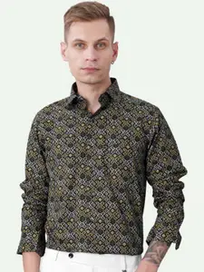 FRENCH CROWN Standard Geometric Printed Spread Collar Long Sleeves Cotton Casual Shirt