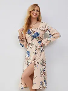 StyleCast Beige Floral Printed Tie-Up Neck Bell Sleeves A-Line Midi Dress