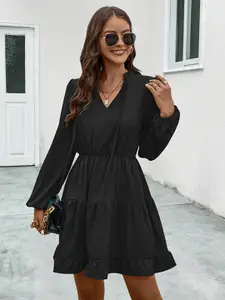StyleCast Black & eerie black Puff Sleeve Fit & Flare Mini Dress