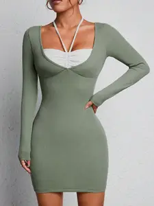 StyleCast Green Striped Scoop Neck Long Sleeve Bodycon Mini Dress