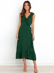 StyleCast Green V-Neck Ruffled Midi Polyester Dress