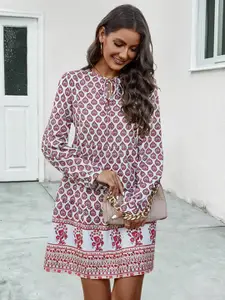 StyleCast White & Red Ethnic Motifs Printed Tie Up Neck A-Line Dress