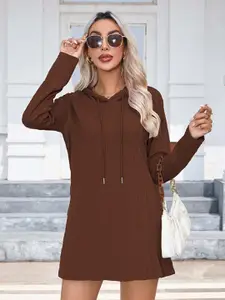 StyleCast Brown Self Design Hooded Jumper Mini Dress