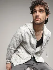 Campus Sutra Abstract Printed Hooded Cotton Front Open Sweatshirt