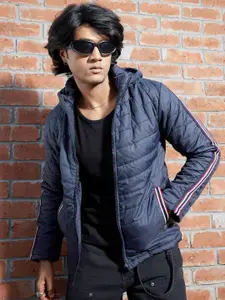 Campus Sutra Blue Hooded Windcheater Quilted Jacket