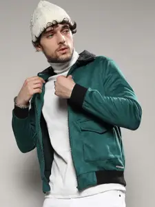 Campus Sutra Green Fleece Collar Windcheater Cotton Bomber Jacket