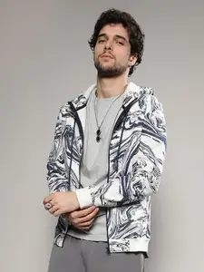 Campus Sutra Abstract Printed Hooded Cotton Front Open Sweatshirt