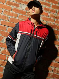 Campus Sutra Navy Blue Colourblocked Windcheater Bomber Jacket