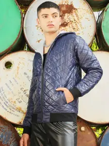 Campus Sutra Blue Hooded Windcheater Quilted Jacket