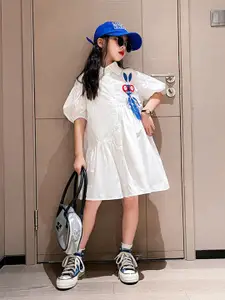 StyleCast Girls White Puff Sleeve Cotton Shirt Dress