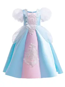 StyleCast Blue & Pink Girls Ethnic Motifs Embroidered Fit & Flare Maxi Dress