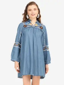 SUMAVI-FASHION Floral Embroidered Organic Cotton Denim A-Line Dress