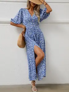 StyleCast Blue & persian violet Floral Print Puff Sleeve Maxi Dress