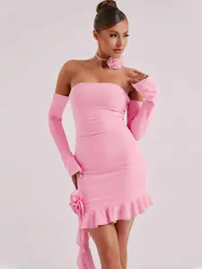 StyleCast Pink & lilac sachet Off-Shoulder Cold-Shoulder Ruffled Bodycon Mini Dress
