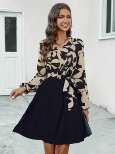 StyleCast Beige & Black Print Puff Sleeve A-Line Dress