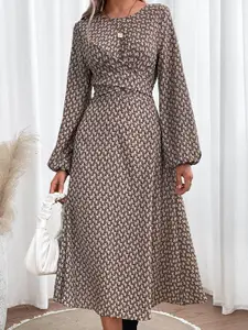 StyleCast Khaki Abstract Printed Puff Sleeves A-Line Midi Dress
