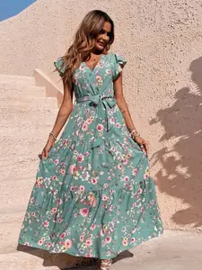 StyleCast Sea Green Floral Printed Flutter Sleeve Tiered Fit and Flare Maxi Dress