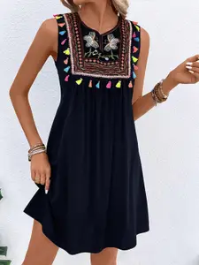 StyleCast Navy Blue & xiketic Ethnic Motifs Embroidered A-Line Mini Dress