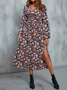 StyleCast Black & Pink Floral Print A-Line Midi Dress