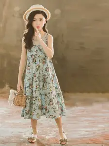 StyleCast Girls Green & Blue Floral Printed A-Line Midi Cotton Dress