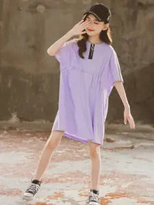 StyleCast Girls Purple Cotton Extended Sleeves Knee Length T-Shirt Dress