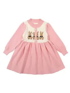 StyleCast Pink Girls Graphic Printed Mock Neck Cuffed Sleeve Fit & flare Cotton Mini Dress