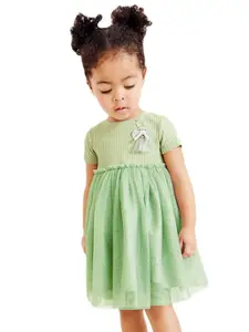 StyleCast Girls Green Striped Cotton Fit & Flare Knee Length Dress