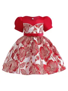 StyleCast Red & Off White Floral Puff Sleeve Fit & Flare Dress
